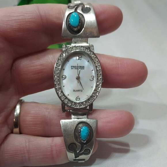 Fred Guerro Sr. Sterling and Turquoise watch tips with Waltham MOP Watch